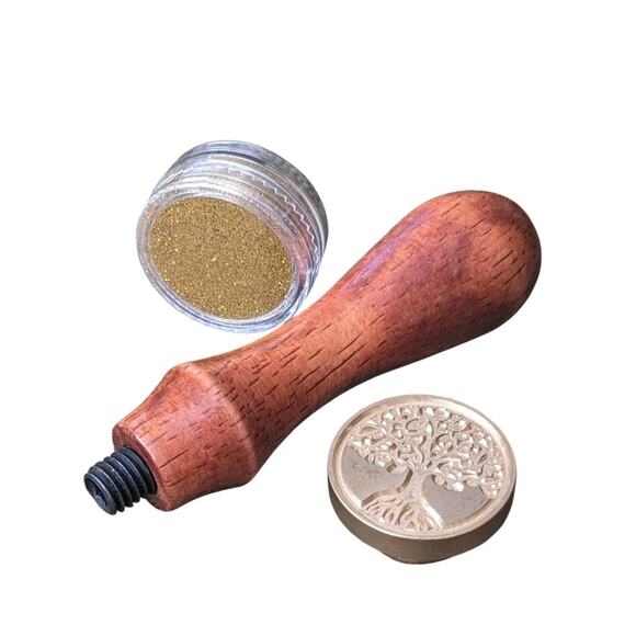 Tree of Life Brass Wax Stamp Wooden Handle Gold Glitter Seal Envelopes 3pc Set - Picture 7 of 7